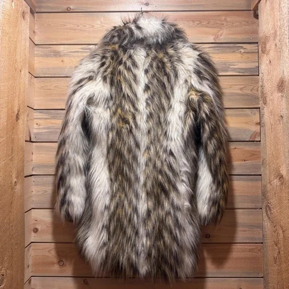 Vintage Long Hair FauxFur Statement Coat Brown Cream Tan Jacket Mobwife FestivaL - Picture 6 of 9